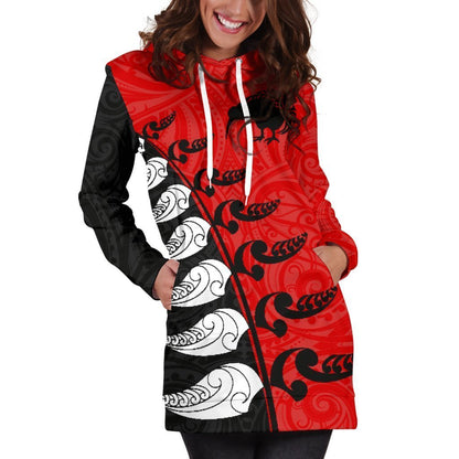 Aotearoa Silver Fern Koru Style Hoodie Dress Red K4-Apparel-HD09-Hoodie Dress-S-Vibe Cosy™