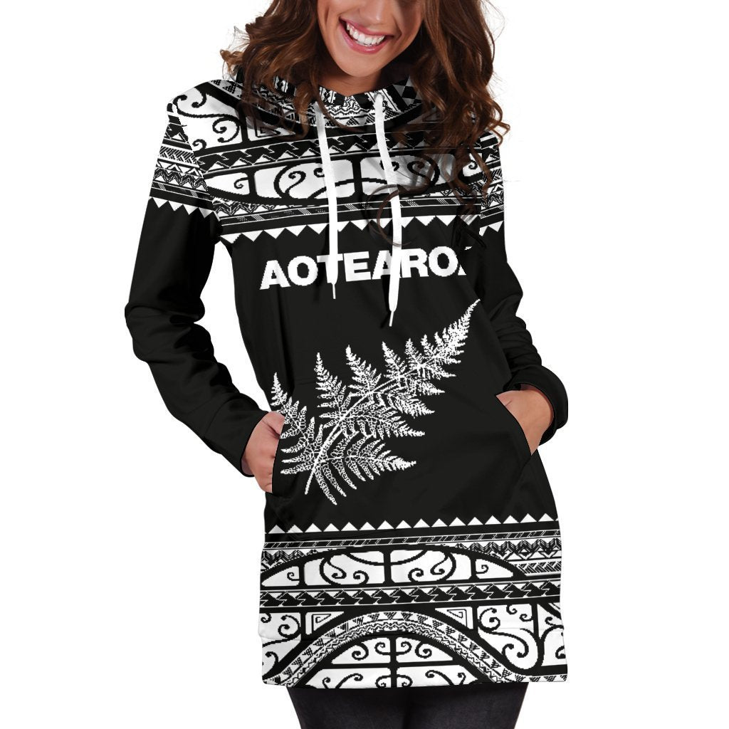 Aotearoa Silver Fern Hoodie Dress White-Apparel-HD09-Hoodie Dress-S-Vibe Cosy™