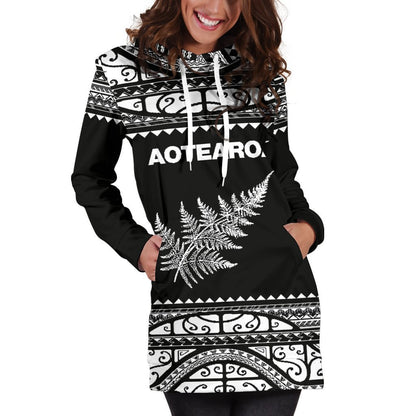 Aotearoa Silver Fern Hoodie Dress White-Apparel-HD09-Hoodie Dress-S-Vibe Cosy™