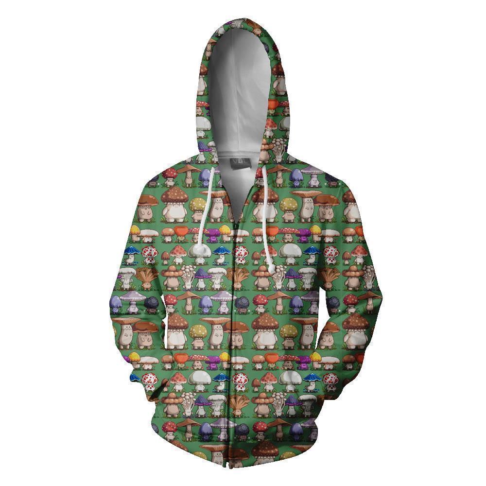 All Over Print Cartoon Mushroom Hoodie-Apparel-NTH-Zip Up Hoodie-S-Vibe Cosy™