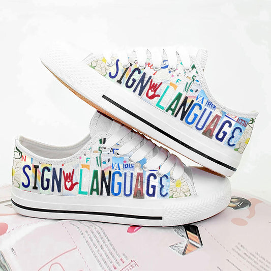 Sign language shoes HG2211-HG-Unisex Low Top Canvas Shoes-White-EU36 (US6)-Vibe Cosy™
