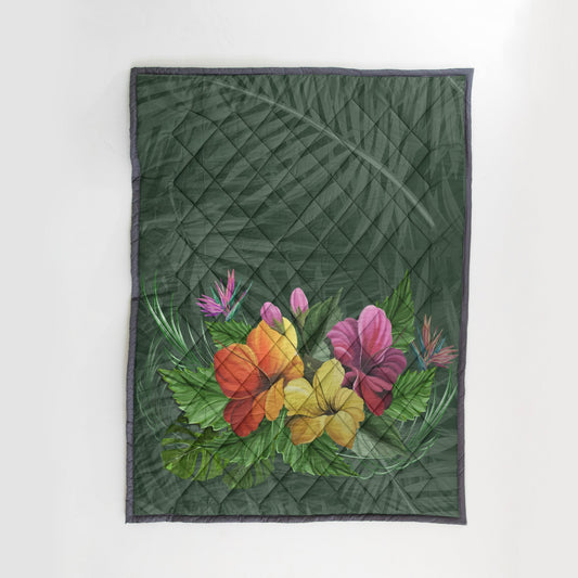Hawaii Hibicus Quilt Blanket - AH - J4-QUILT BLANKETS-PodEz-Twin-White-100% Cotton-Vibe Cosy™
