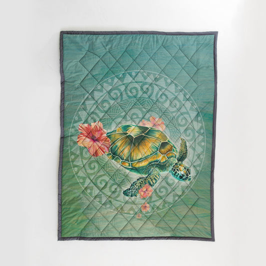 Circle Polynesian Turtle Quilt Blanket - AH - J4-QUILT BLANKETS-PodEz-Twin-White-100% Cotton-Vibe Cosy™