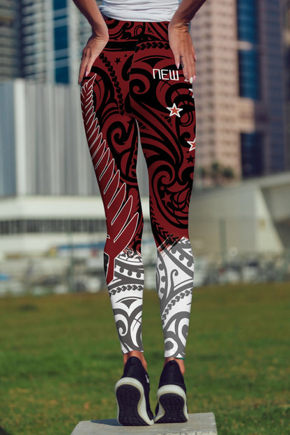 New Zealand Maori Fern Red Edition High Waist Leggings-Apparel-HD09-Legging-S-Vibe Cosy™