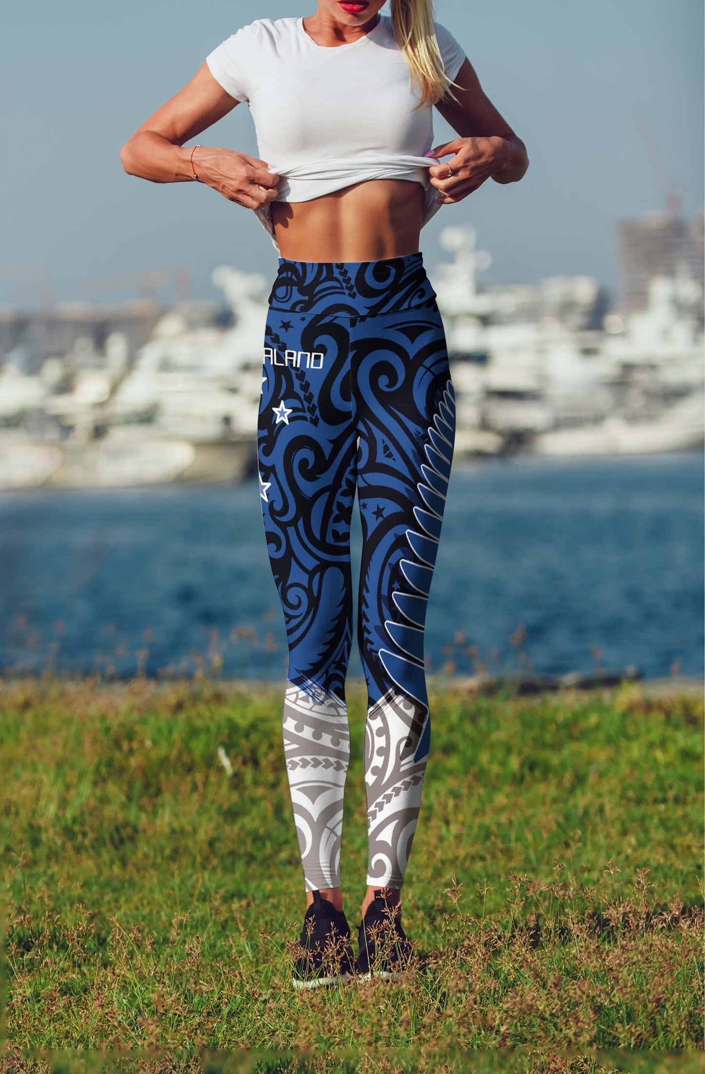 New Zealand Maori Fern Blue Edition High Waist Leggings-Apparel-HD09-Legging-S-Vibe Cosy™