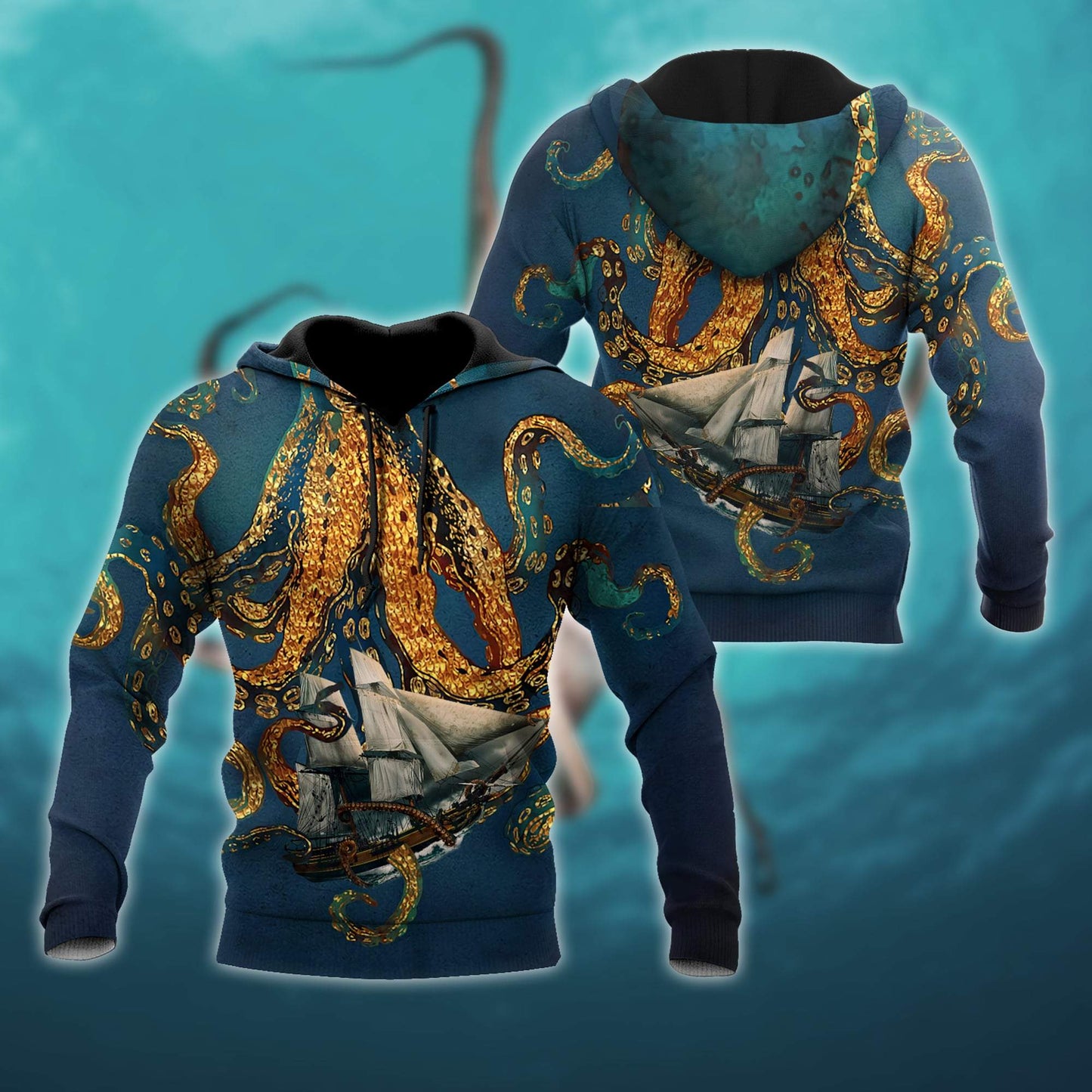 Premium Unisex Hoodie Black And White Kraken Octopus King of The Seven Seas ML