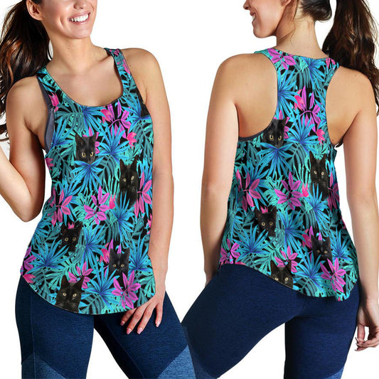 Black cat tropical leaves women's tank top HG7700-Apparel-HG-Tank Top-S-Vibe Cosy™