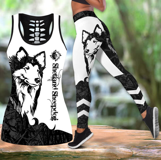 Shetland Sheepdog black tattoos legging + hollow tank combo DD09182003S