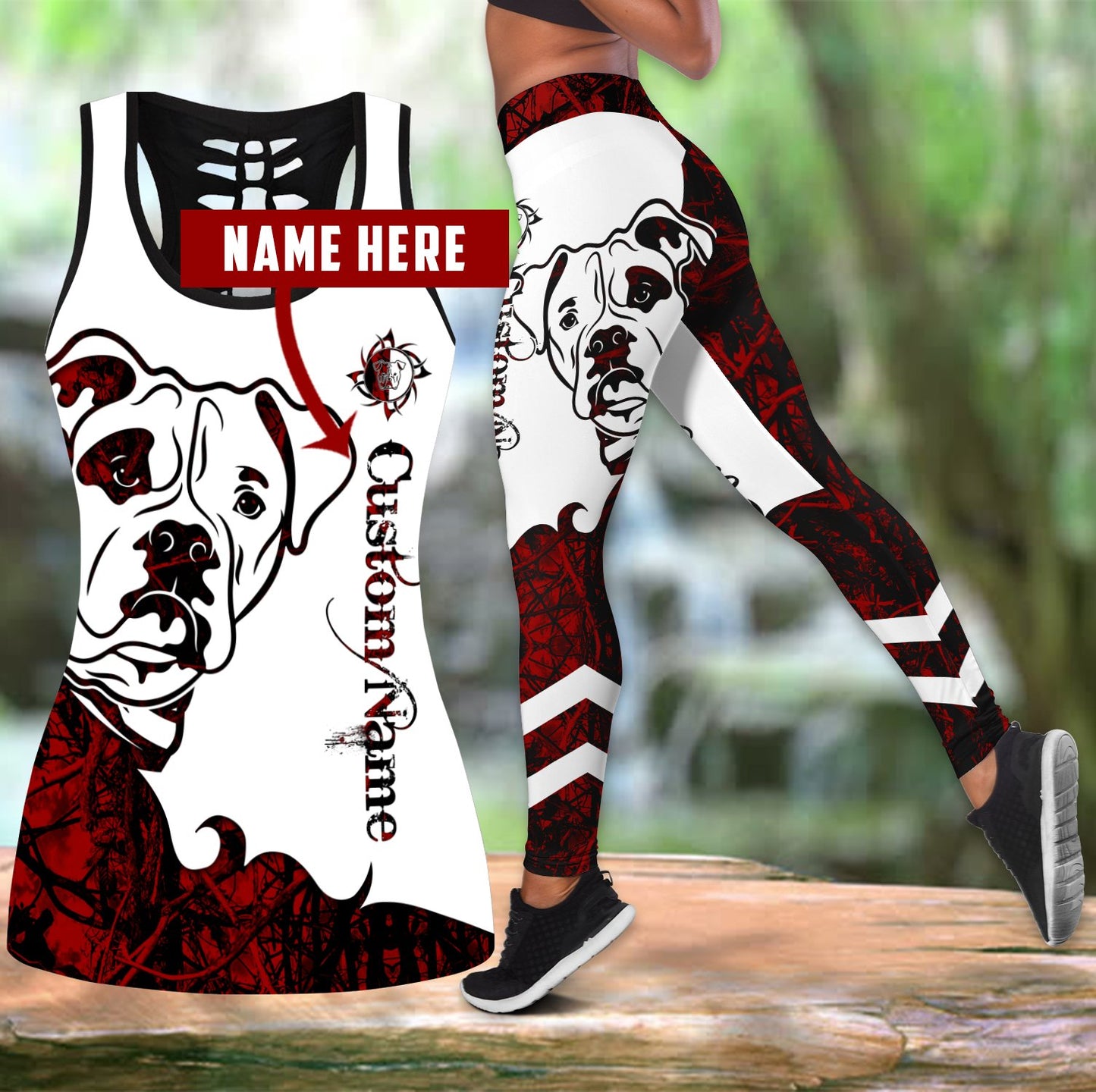 American bulldog customize red tattoos legging + hollow tank combo DD08172002