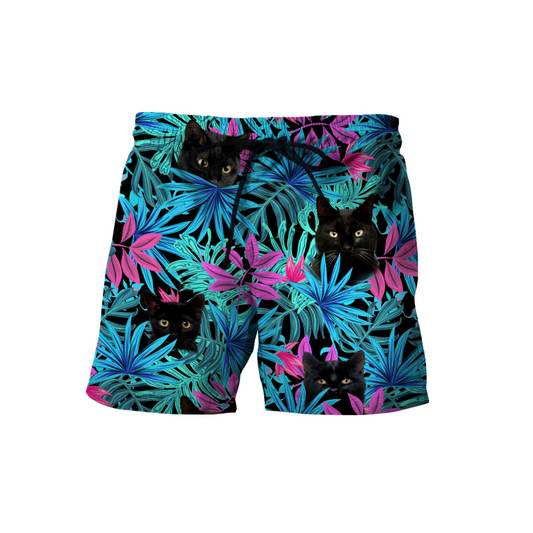 Black cat tropical leaves men's shorts HG7700-Apparel-HG-Shorts-S-Vibe Cosy™
