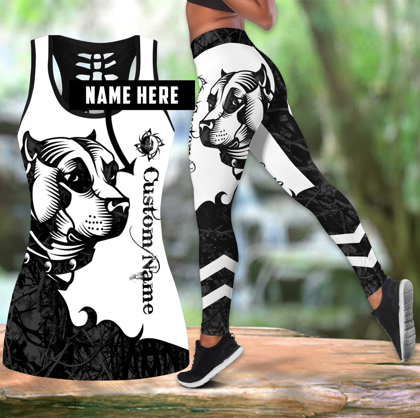 Staffordshire Bull Terrier customize black tattoos legging + hollow tank combo DD08172001S