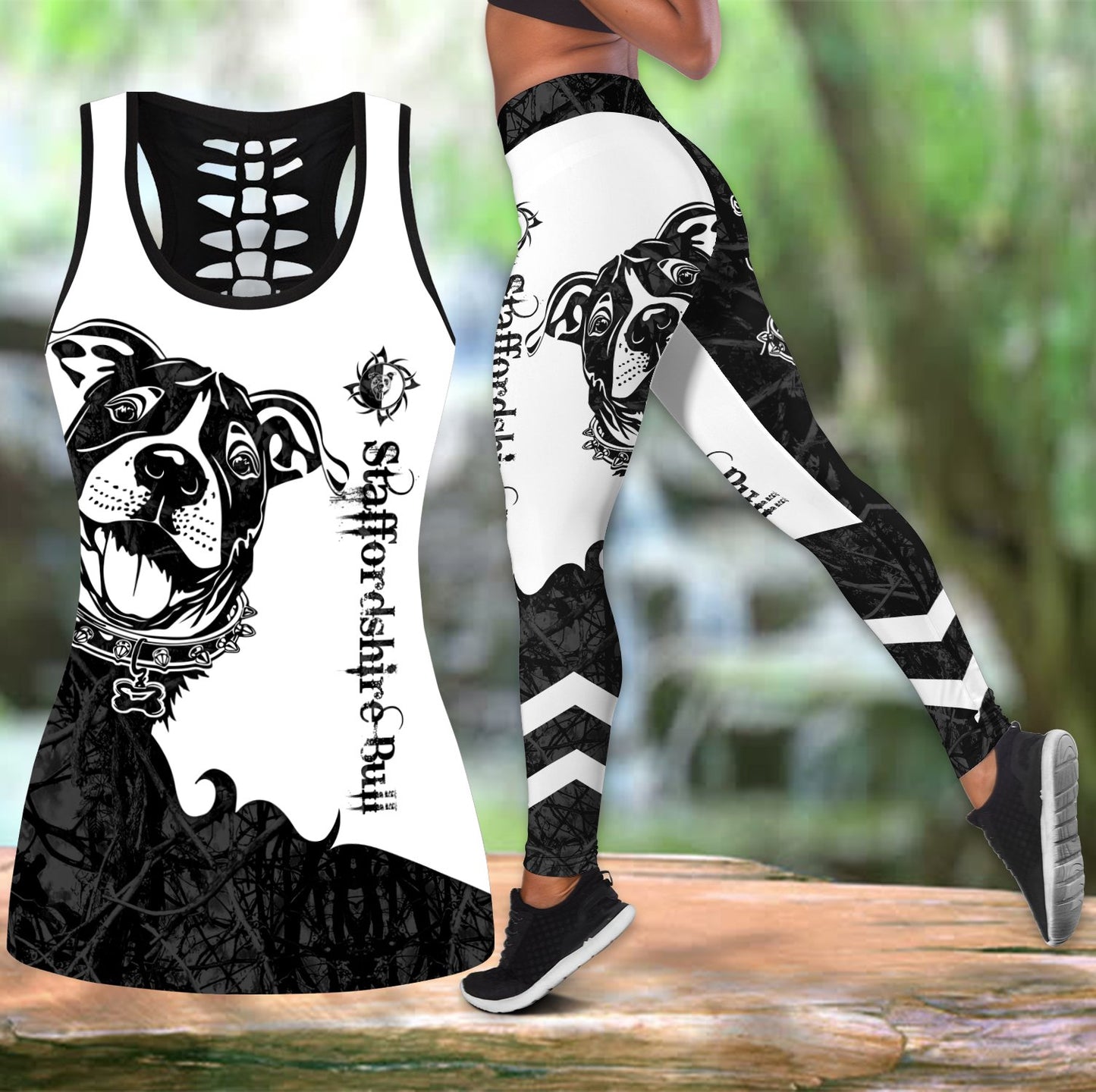 Staffordshire Bull Terrier black tattoos legging + hollow tank combo DD09052003