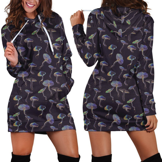 All Over Print Black Backgroud Mushroom-Apparel-NTH-Hoodie Dress-S-Vibe Cosy™