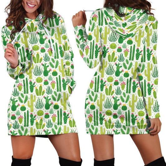 All Over Printing Green Cacti And Flower Hoodie Dress-Apparel-Phaethon-Hoodie Dress-S-Vibe Cosy™