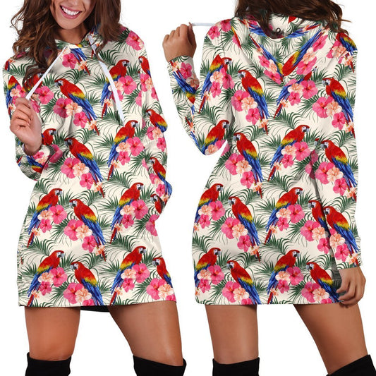 All Over Printing Scarlet Macaw And Flower Hoodie Dress-Apparel-Phaethon-Hoodie Dress-S-Vibe Cosy™
