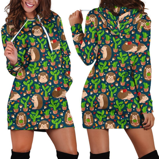 All Over Printing Scarlet Hedgehog And Cactus Hoodie Dress-Apparel-Phaethon-Hoodie Dress-S-Vibe Cosy™