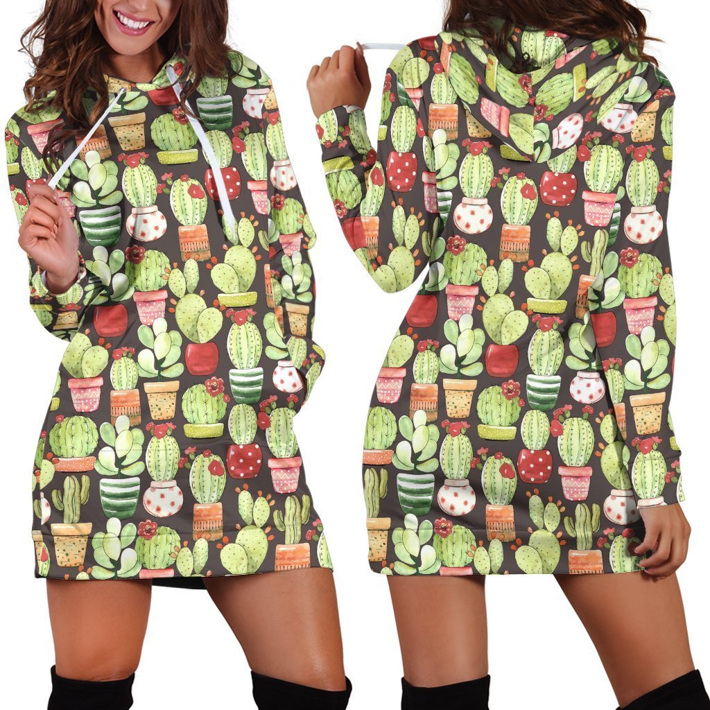 All Over Printing Cactus Pots Hoodie Dress-Apparel-HbArts-Hoodie Dress-S-Vibe Cosy™