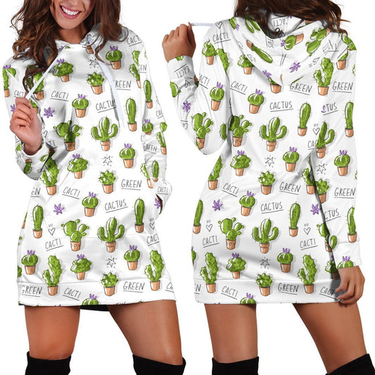 All Over Printing Green Cactus Hoodie Dress-Apparel-Phaethon-Hoodie Dress-S-Vibe Cosy™