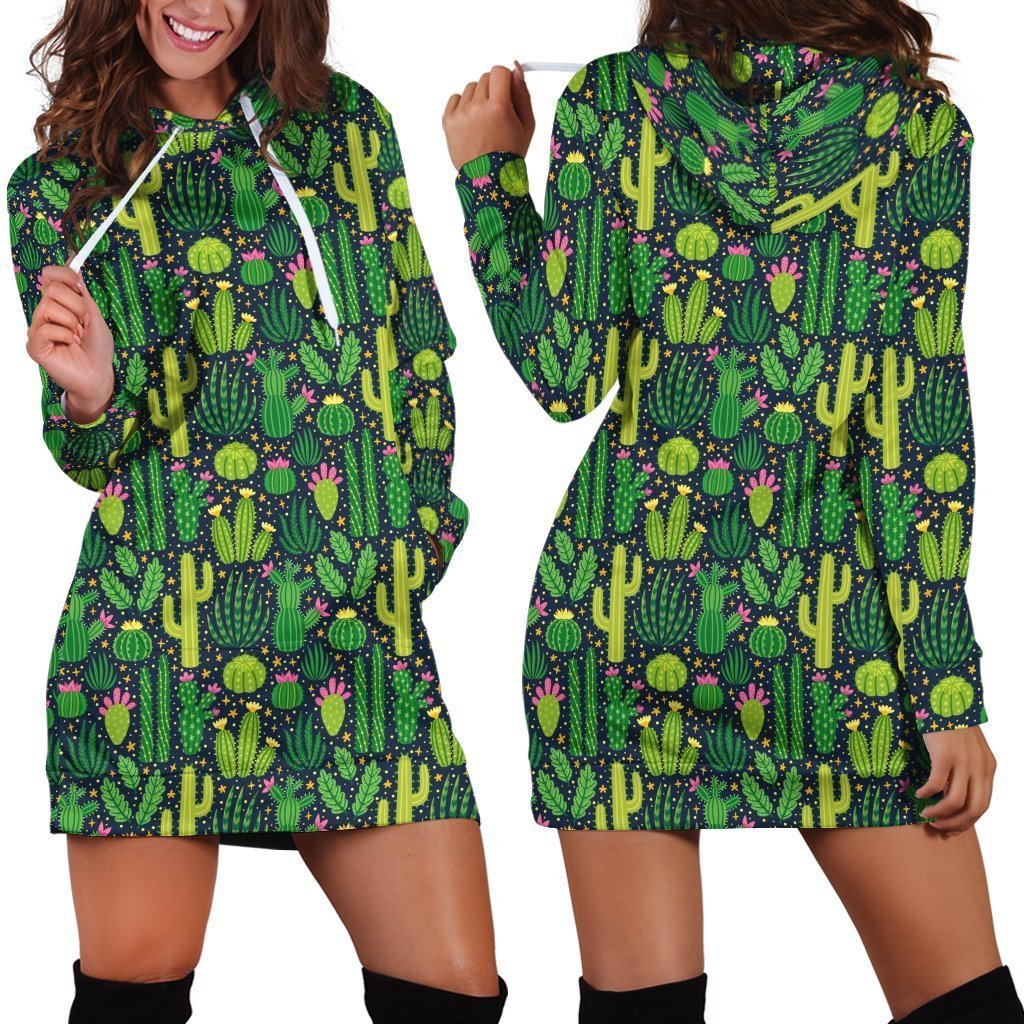 All Over Printing Green Cactus Have Flower Hoodie Dress-Apparel-Phaethon-Hoodie Dress-S-Vibe Cosy™