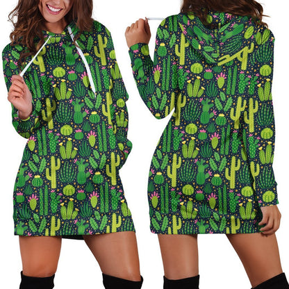 All Over Printing Green Cactus Have Flower Hoodie Dress-Apparel-Phaethon-Hoodie Dress-S-Vibe Cosy™