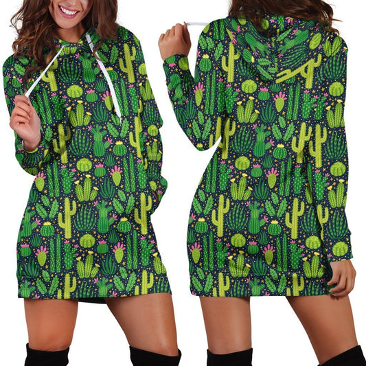 All Over Printing Green Cactus Have Flower Hoodie Dress-Apparel-Phaethon-Hoodie Dress-S-Vibe Cosy™