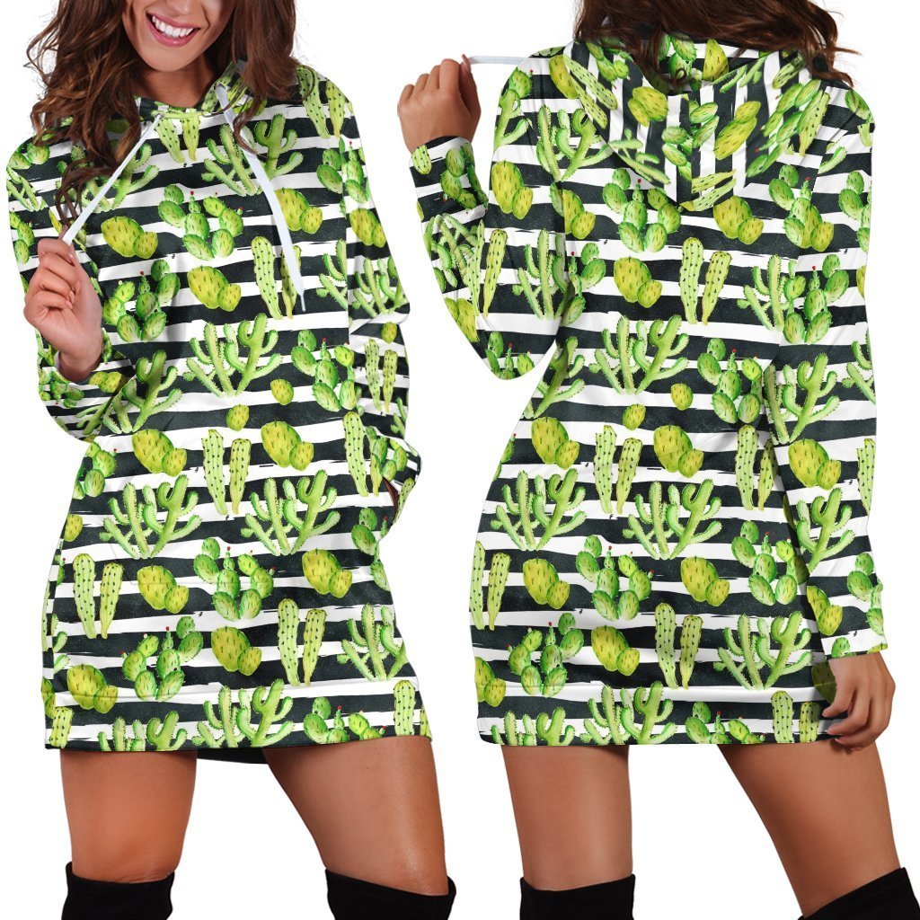 All Over Printing Cacti And horizontal stripes Hoodie Dress-Apparel-Phaethon-Hoodie Dress-S-Vibe Cosy™