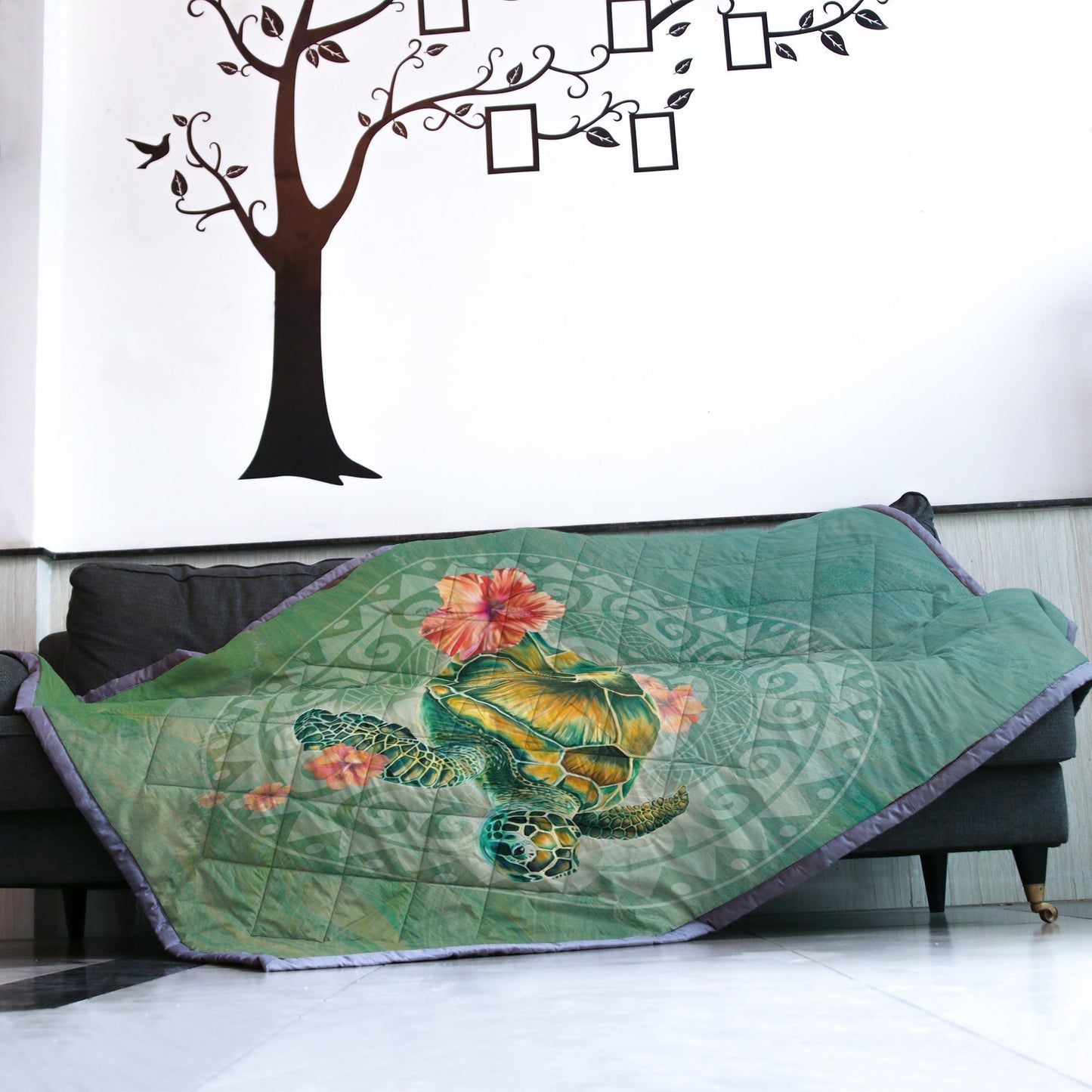 Circle Polynesian Turtle Quilt Blanket - AH - J4-QUILT BLANKETS-PodEz-Twin-White-100% Cotton-Vibe Cosy™