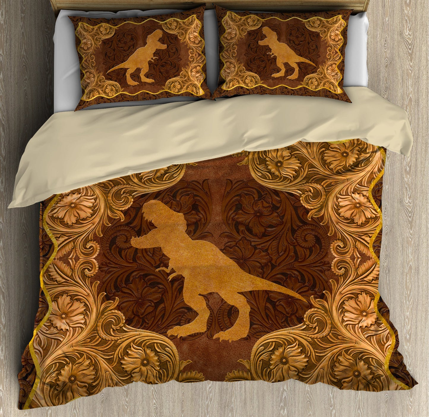 Love Dinosaur antique golden frame 3d printed Bedding set