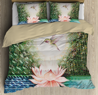 Hummingbird Lotus Bedding Set By ML-ML-US Twin-Vibe Cosy™