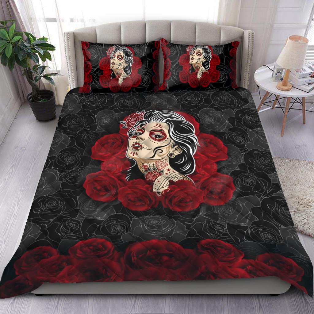 Quilt bedding set love rose and skull PL-Bedding Set-PL8386-Twin-Vibe Cosy™