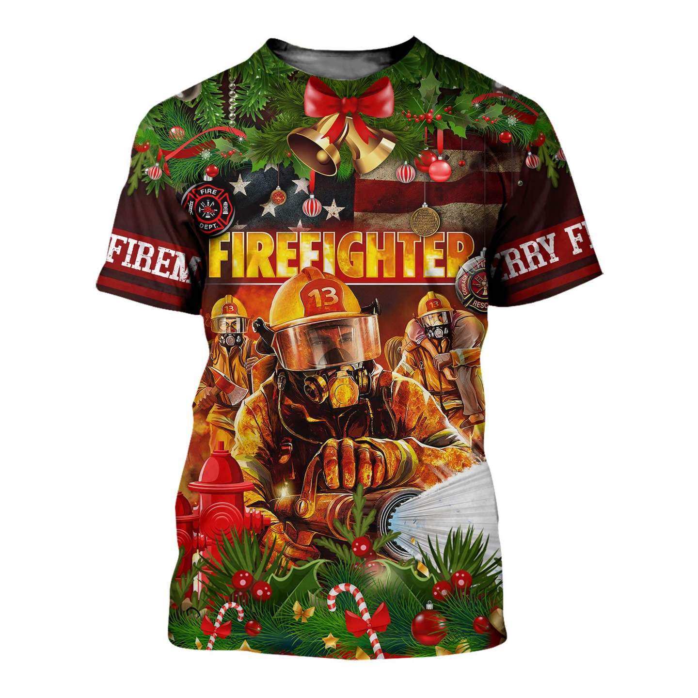 CHRISTMAS FIREFIGHTER 3D ALL OVER PRINTED SHIRTS MP830-Apparel-MP-T shirt-S-Vibe Cosy™