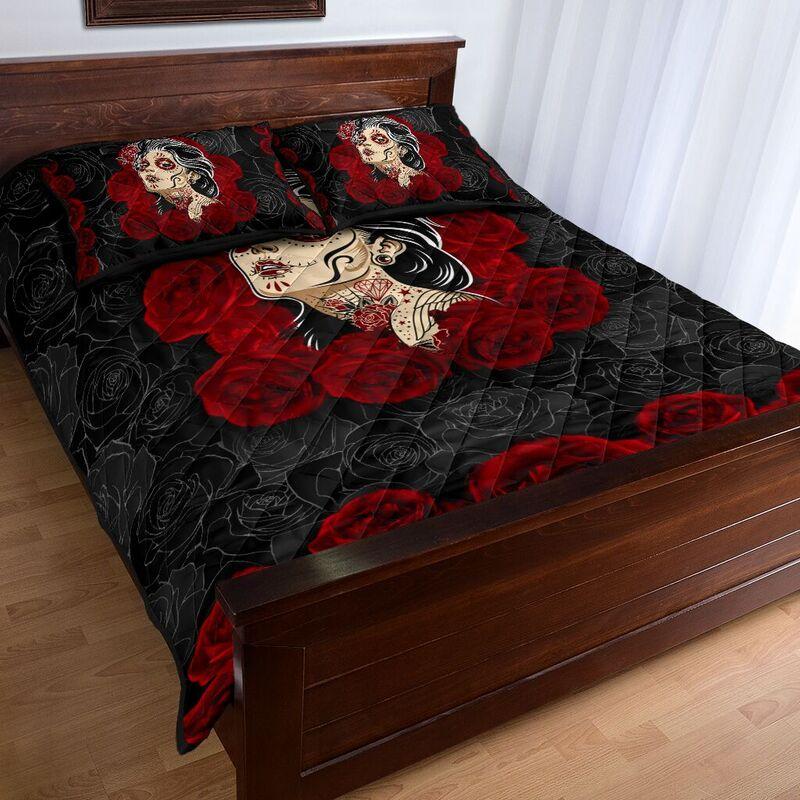 Quilt bedding set love rose and skull PL-Bedding Set-PL8386-Twin-Vibe Cosy™
