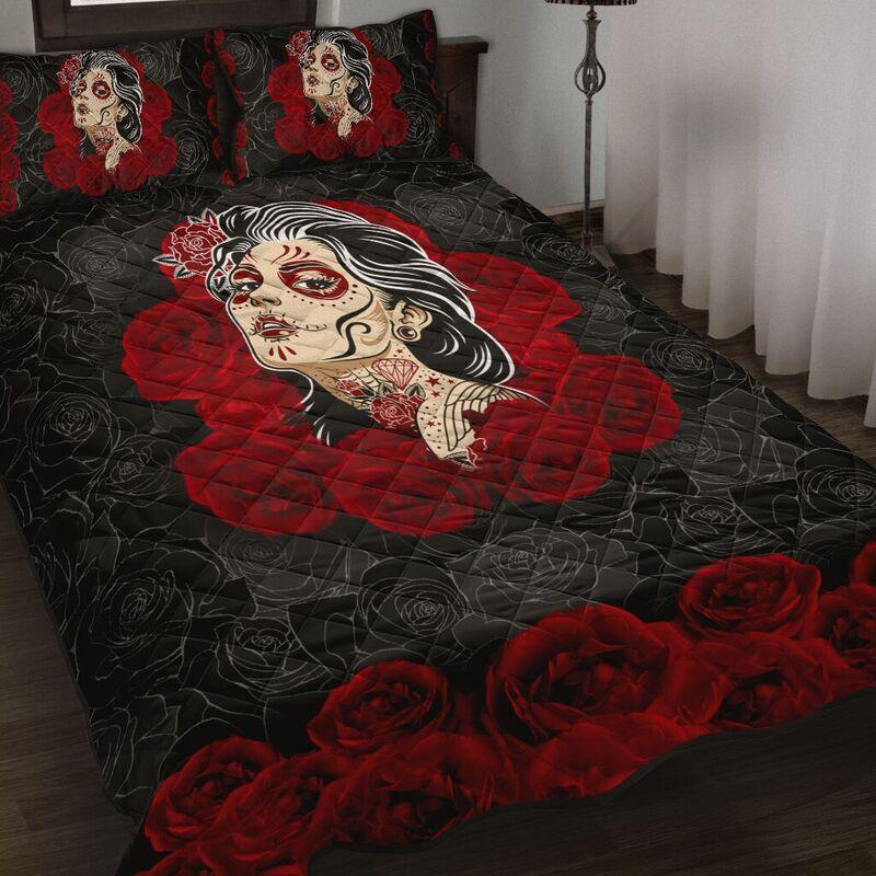 Quilt bedding set love rose and skull PL-Bedding Set-PL8386-Twin-Vibe Cosy™