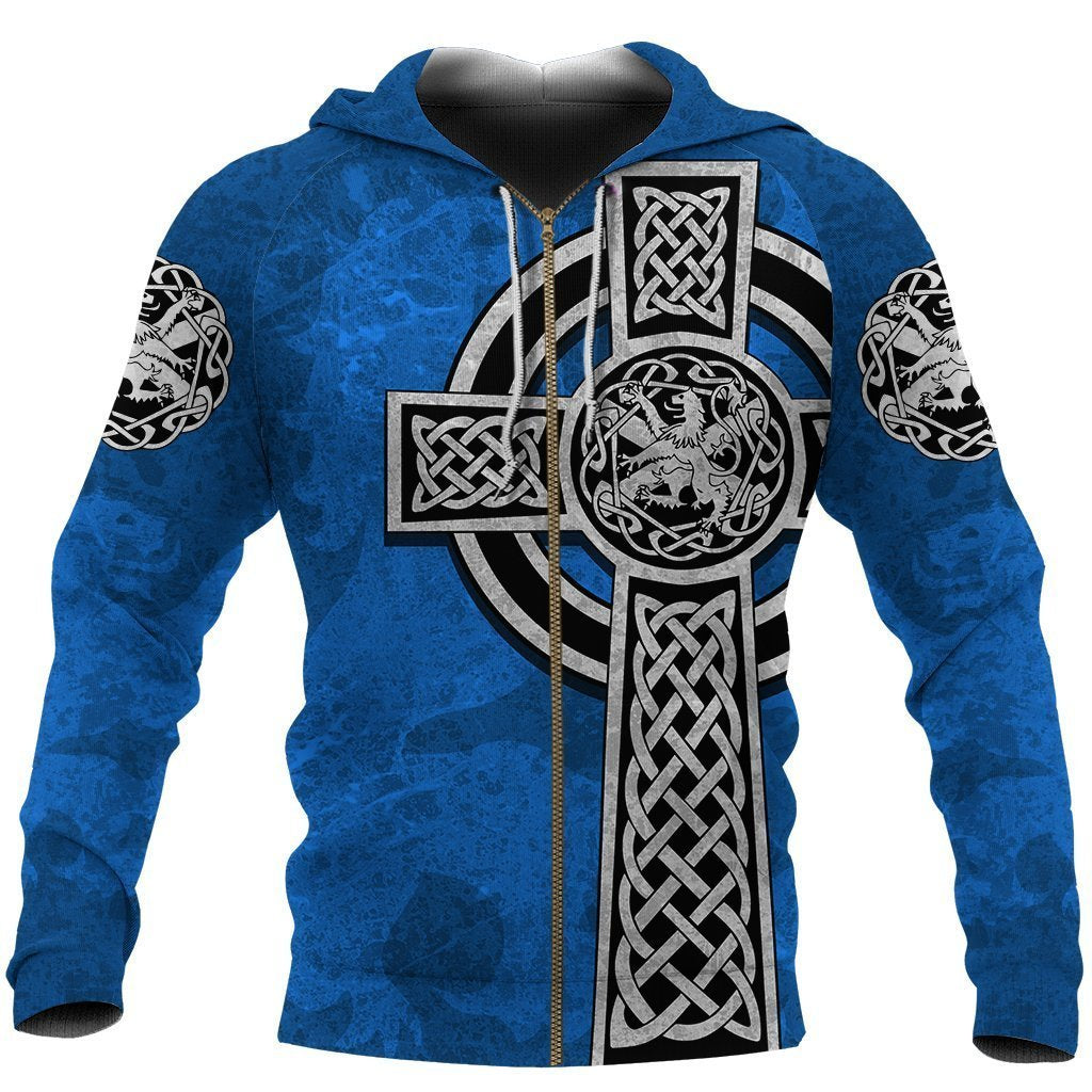 Scottish Lion Celtic Cross Hoodie-Apparel-PL8386-Zip-up Hoodie-S-Vibe Cosy™
