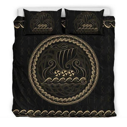 Viking Bedding Set - Viking Ship NN8-BEDDING SETS-1st Iceland-Bedding Set - Black - VIKING DRAKKAR BEDDING SET BLACK HA8-Queen/Full-Vibe Cosy™
