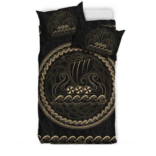 Viking Bedding Set - Viking Ship NN8-BEDDING SETS-1st Iceland-Bedding Set - Black - VIKING DRAKKAR BEDDING SET BLACK HA8-Queen/Full-Vibe Cosy™