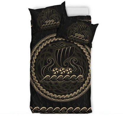 Viking Bedding Set - Viking Ship NN8-BEDDING SETS-1st Iceland-Bedding Set - Black - VIKING DRAKKAR BEDDING SET BLACK HA8-Queen/Full-Vibe Cosy™