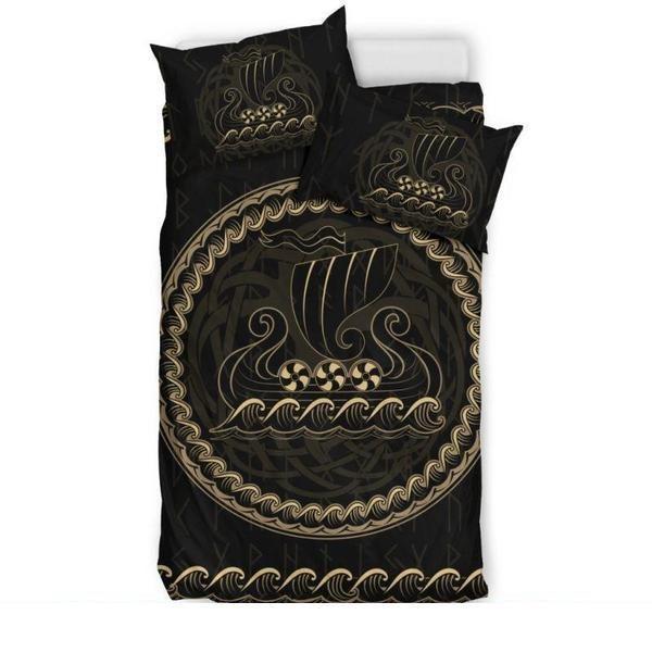 Viking Bedding Set - Viking Ship NN8-BEDDING SETS-1st Iceland-Bedding Set - Black - VIKING DRAKKAR BEDDING SET BLACK HA8-Queen/Full-Vibe Cosy™