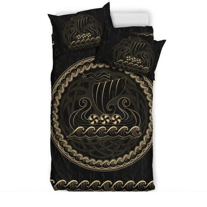 Viking Bedding Set - Viking Ship NN8-BEDDING SETS-1st Iceland-Bedding Set - Black - VIKING DRAKKAR BEDDING SET BLACK HA8-Queen/Full-Vibe Cosy™