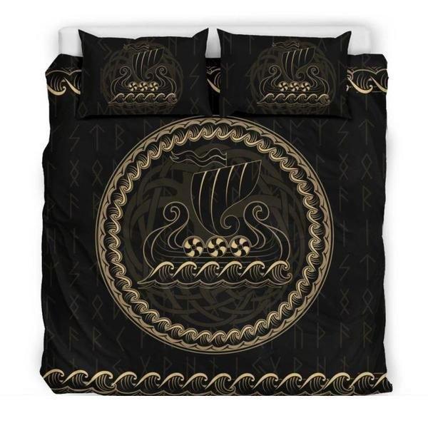 Viking Bedding Set - Viking Ship NN8-BEDDING SETS-1st Iceland-Bedding Set - Black - VIKING DRAKKAR BEDDING SET BLACK HA8-Queen/Full-Vibe Cosy™