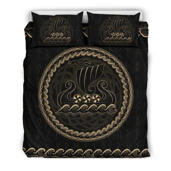 Viking Bedding Set - Viking Ship NN8-BEDDING SETS-1st Iceland-Bedding Set - Black - VIKING DRAKKAR BEDDING SET BLACK HA8-Queen/Full-Vibe Cosy™
