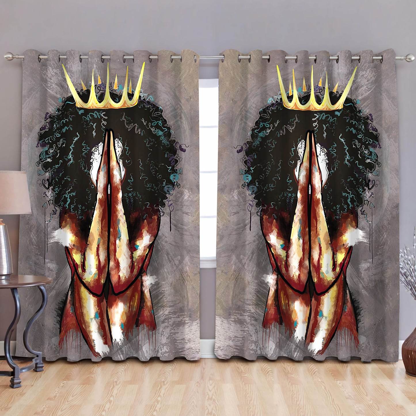Black girl, praying queen, blackout thermal grommet window curtains HAC080603-HG-HG-52'' x 63''-Vibe Cosy™