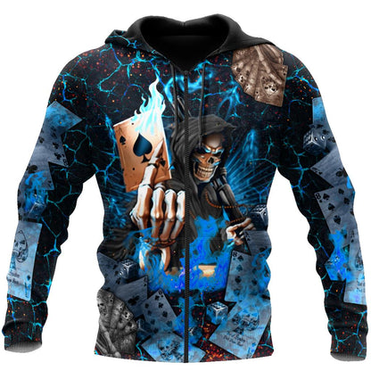 Poker Skulls On The Blue Fire Hoodie For Men And Women JJW26092002