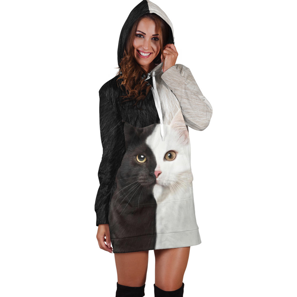 Black And White Cat Hoodie Dress For Women MH071020