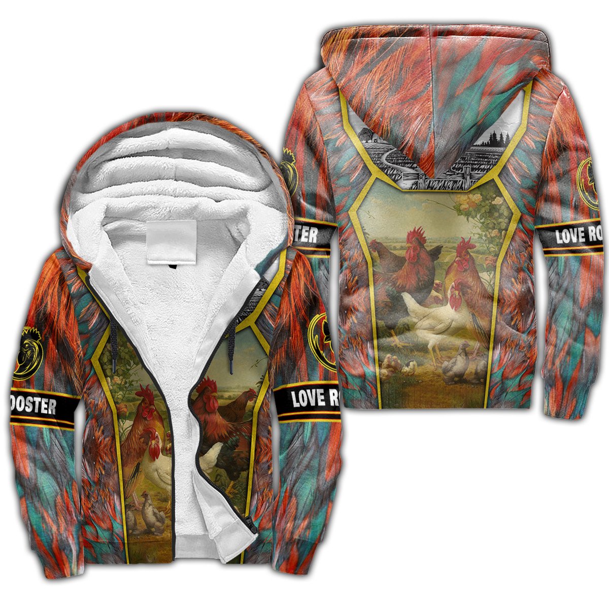 Rooster Floral All Over Printed Unisex Deluxe Hoodie ML