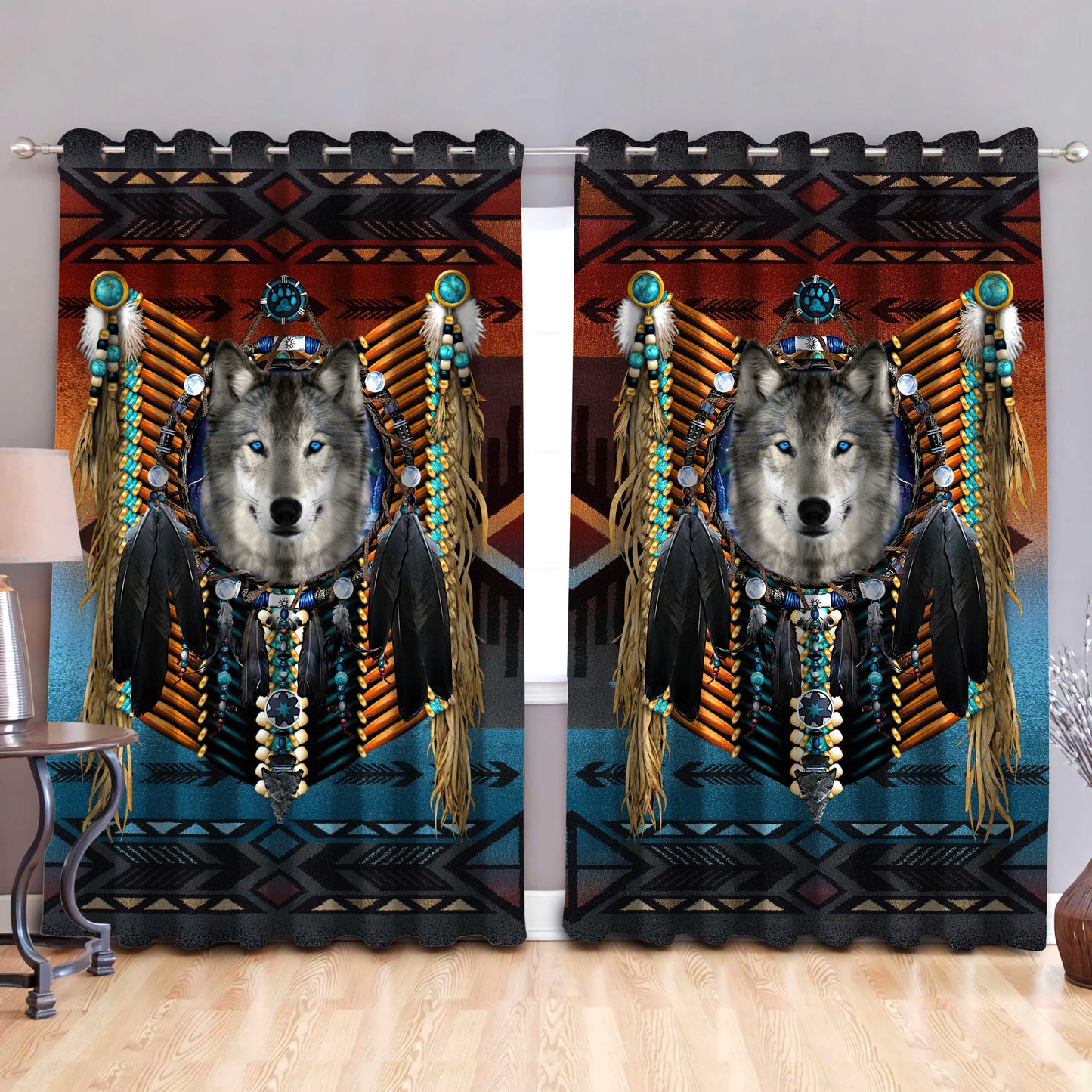 Native Wolf 3D All Over Printed Window Curtains