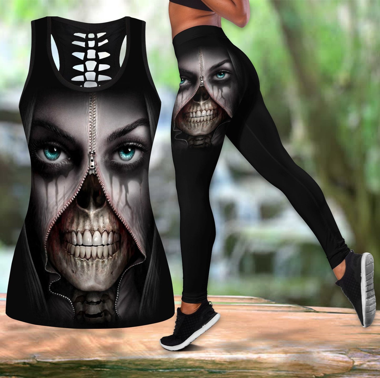 True Face Skull Girl Combo Hollow Tank Top And Legging Outfit TNA01032106
