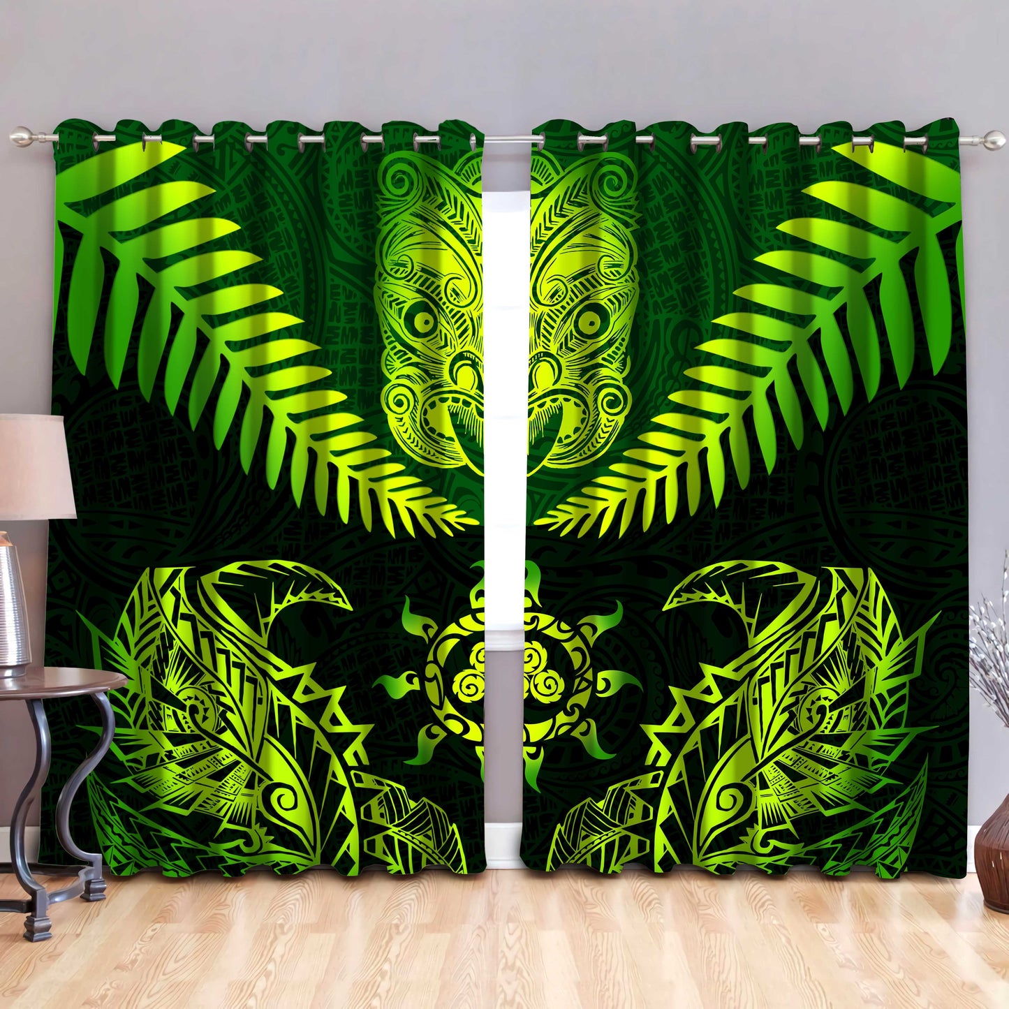 New Zealand Maori Manaia Paua Shell - Silver Fern Window Curtains ML