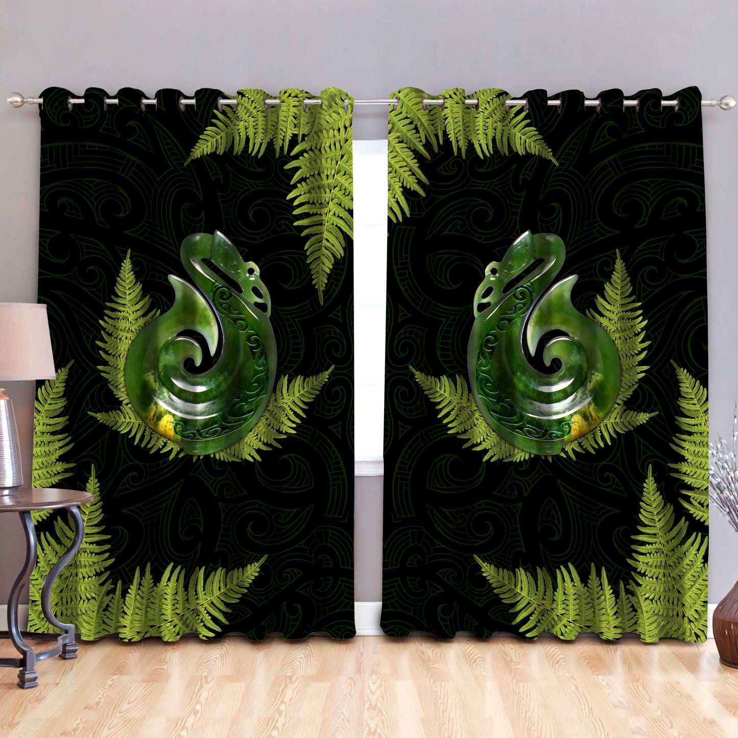 Aotearoa Bedding Set Manaia Silver Fern Paua Shell Window Curtains ML