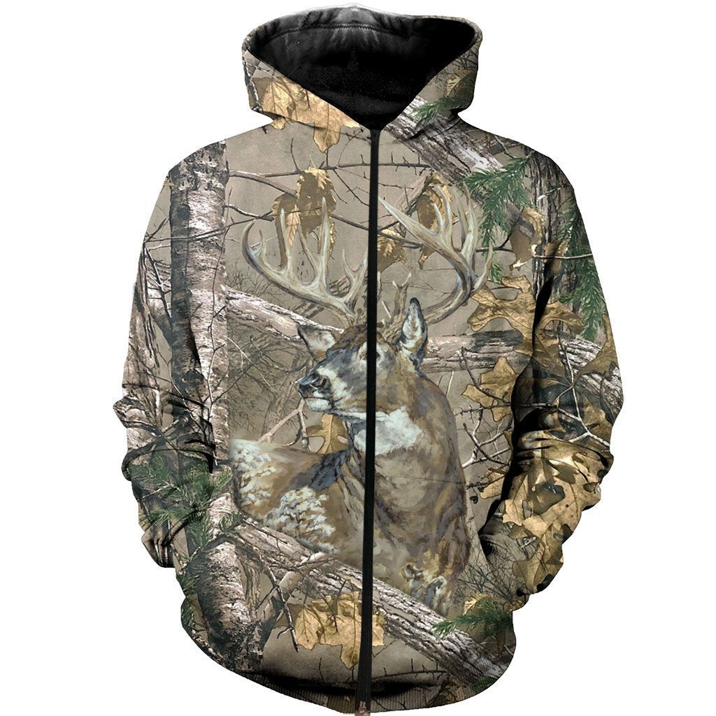3D All Over Printed Deer in Camo-Apparel-HP Arts-ZIPPED HOODIE-S-Vibe Cosy™